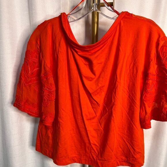 By Anthropologie Sheer Embroidered Boxy Top in Bright Red - Picture 5 of 7
